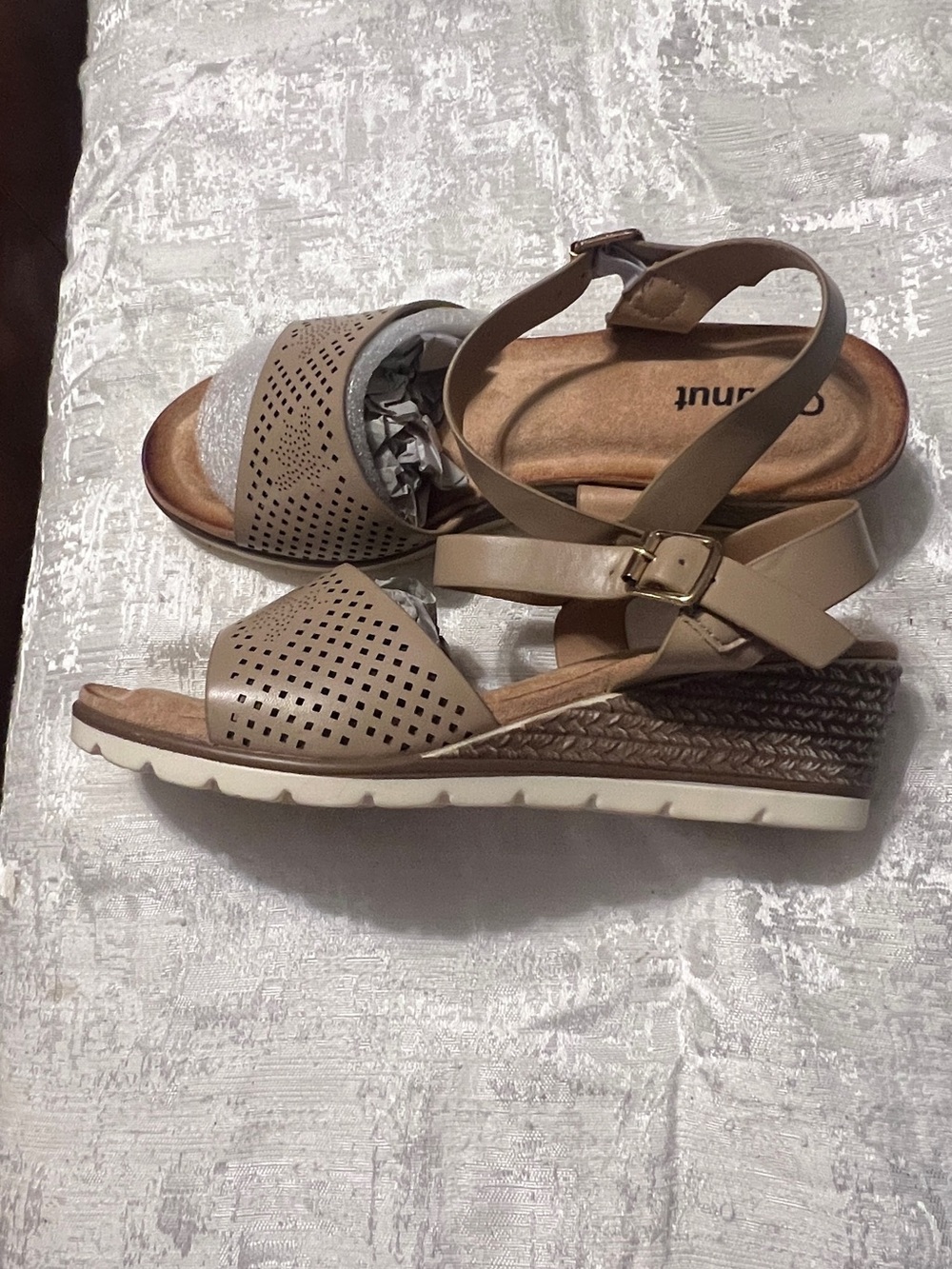 Goldnut Women's Taupe Perforated Wedge Sandals with Ankle Buckle